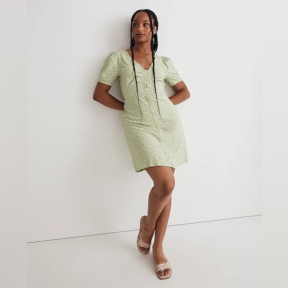 Madewell V-Neck Mini Dress 6 – Green Seedling Tie Back Button Front - Picture 2 of 12